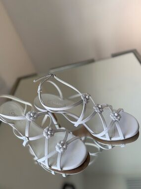 Chanel White Camellia Strappy Leather Sandals 37